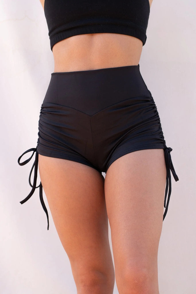 High waist Drawstring Shorts Recycled- Black – PoleActive
